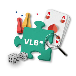 Grafik mit einem Puzzelteil, auf dem VLB steht. Daneben sind Spielkarten, eine Lupe, zwei Würfel und zwei Spielfiguren zu sehen.