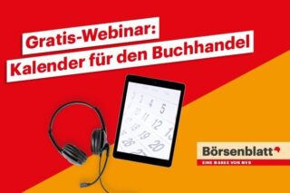 Schrift: Gratis-Webinar: Kalender für den Buchhandel, mit einem Headset und einem Tablett vor halb rotem und halb orangenem Hintergrund.