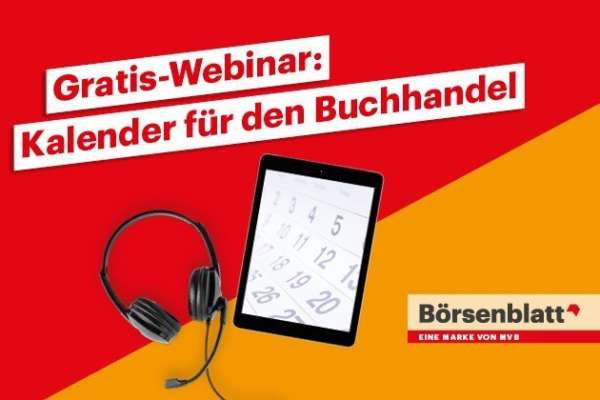  Schrift: Gratis-Webinar: Kalender für den Buchhandel, mit einem Headset und einem Tablett vor halb rotem und halb orangenem Hintergrund.