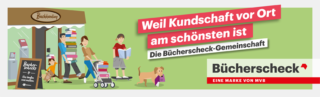 Personen verlassen Buchhandlung mit vielen Büchern