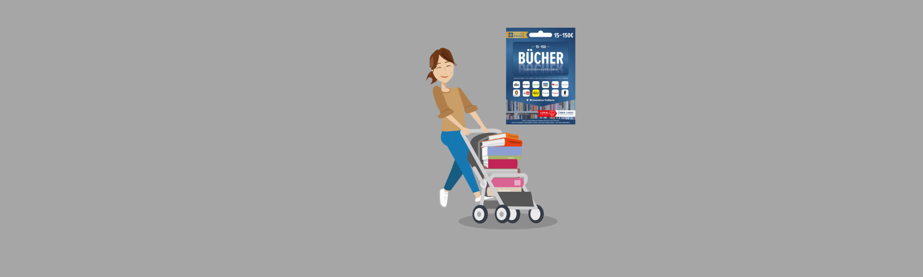 Grafik Frau mit Kinderwagen voller Bücher