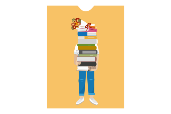 Geschenkhülle mit Person, die einen Bücherberg trägt