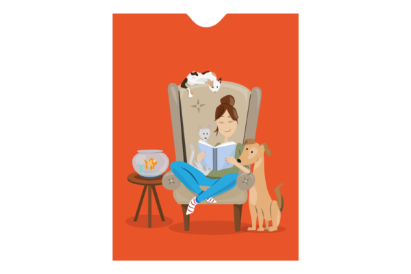 Geschenkhülle mit Frau im Lesesessel