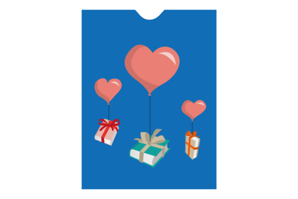 Geschenkhülle mit Büchern an Herzluftballons