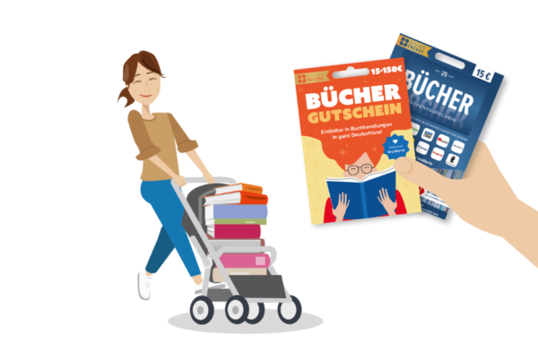 Frau mit Einkaufswagen voller Bücher und zwei Büchergutscheine