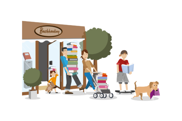 Personen kommen mit Büchern aus Buchhandlung