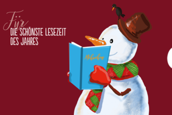 Schneemann mit Buch in der Hand 