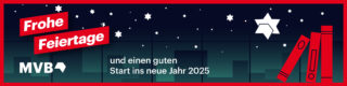 Grafik eines Sternenhimmels und roten Büchern im Vordergrund. Daneben steht "Frohe Feiertage und einen guten Start ins neue Jahr 2025"