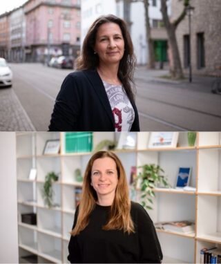 Collage aus Katharina Oppitz in der Brauchbachstraße (Frankfurt a. M.) und Valeska Wagner im Haus des Buches vor einem Bücherregal