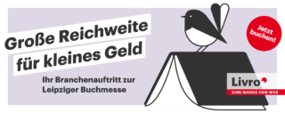 Banner für die Leipziger Buchmesse von Livro. Darauf ein Vogel auf einem Buch.