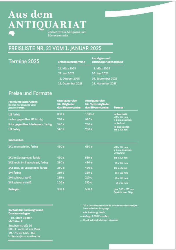 Webseite Mediadaten Aus den Antiquariat 2025
