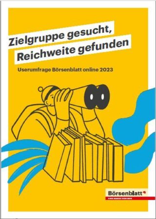 Cover der ausgewerteten Userumfrage Börsenblatt online 2023. Zeichnung einer Person hinter Büchern, die durch ein Fernglas schaut.