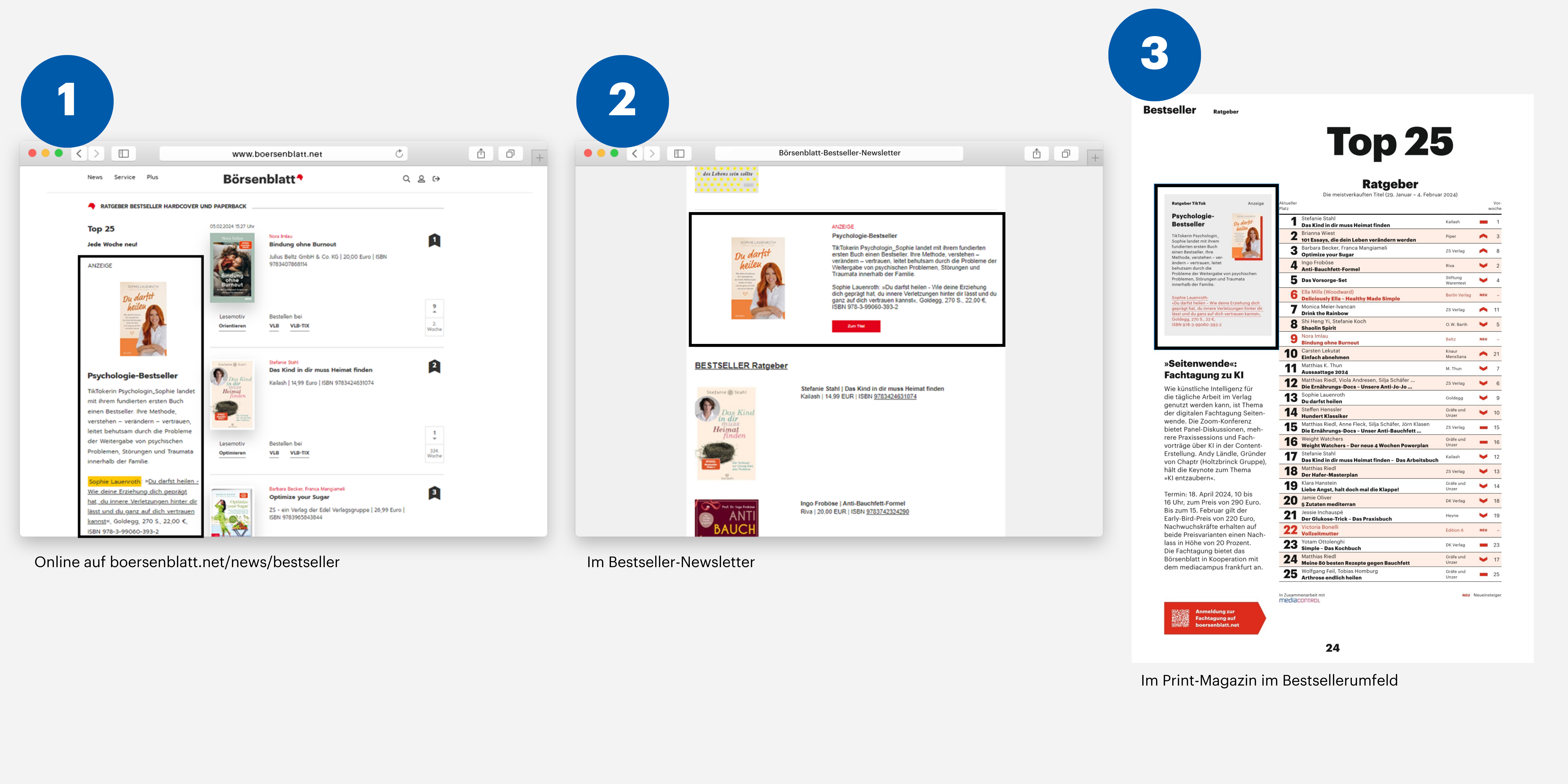 Darstellungen des Börsenblatt Bestsellertipps auf boersenblatt.net sowie im Börsenblatt