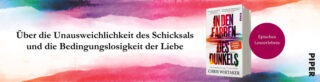 Waagerechte, schmale Werbegrafik zu Chris Whitakers Buch: In den Farben des Dunkels, mit Abbildung des Covers und Satz zum Inhalt.