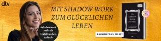 Waagerechte, schmale Grafik zu The Shadow Work Journal, mit Bild des Buches und der Autorin auf orangenem Hintergrund.
