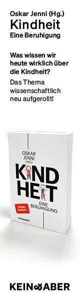 Hohe, schmale Grafik mit dem Bild des Buches von Oskar Jenni: Kindheit, darüber 2 Sätze zum Inhalt.