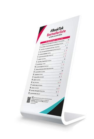 Thekenaufsteller mit der #BookTok Bestsellerliste auf weißem Hintergrund.