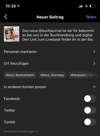 Geöffnete Einstellungen beziehungsweise Details zu einem Instagrampost zum Erscheinen einer neuen Ausgabe des Buchjournals.