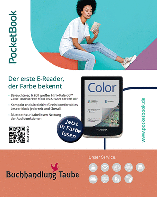 Beispiel Rückseite Buchjournal: Oben Werbeanzeige von PocketBook, unten Animation mit wechselnden Anzeigen verschiedener Buchhandlungen.