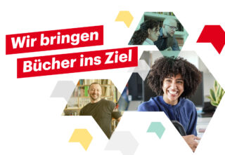 Grafik auf der verschiedene Menschen lächeln, daneben steht "Wir bringen Bücher ans Ziel".