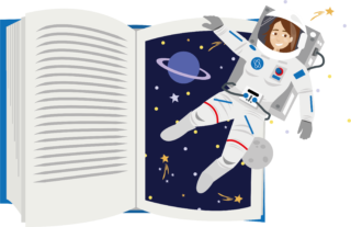 Buecherscheck Motiv zeigt offenes Buch mit Bild des Universums auf der rechten Seite. Davor schwebt ein Astronaut