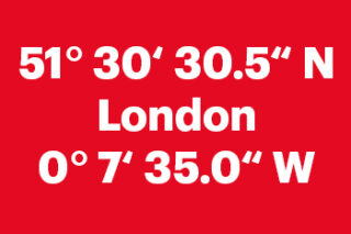 Auf einem roten Hintergrund steht in weiß "London", darunter und darüber stehen die Geodaten von London.