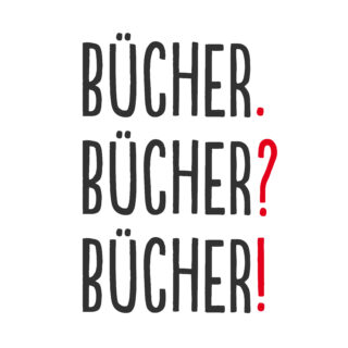Weiße Postkarte auf der in schwarz und rot "Bücher. Bücher? Bücher!" steht.
