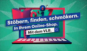Das Icon des VLB Webshops zeit einen Laptop. Davor steht "Stöbern, finden, schmökern. In Ihrem Online-Shop. Mit dem VLB."
