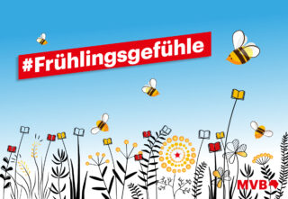 Grafik auf der unten Blumen zu sehen sind, deren Blüten durch Bücher dargestellt werden. Darüber steht vor blauem Hintergrund "#Frühlingsgefühle".