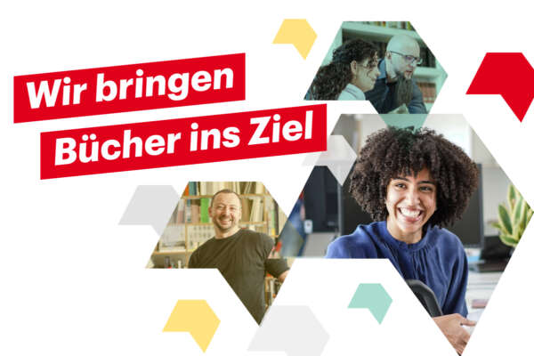 Grafik auf der verschiedene Menschen lächeln, daneben steht "Wir bringen Bücher ans Ziel".