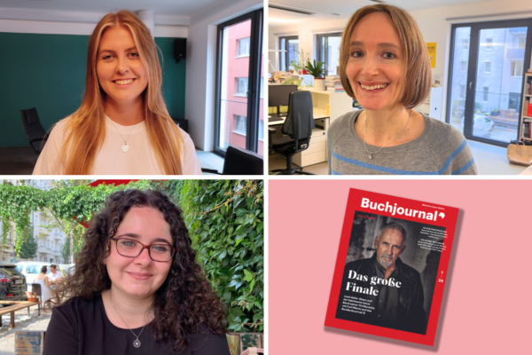  Eine Collage bestehend aus vier Bilder. Von links oben nach rechts unten. Portraits von: Olivia Zielke steht vor einer blauen Wand, Nadja Einzmann steht in einem Büro, Vanessa Demaré sitzt, im Hintergrund eine Straße und Blätter, Ein Mockup von einem Heft auf rosa Hintergrund.