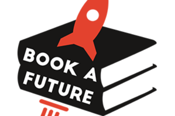 Grafik auf der 2 gestapelte Bücher zu sehen sind, auf der eine Rakete startet. Auf den Büchern steht "Book A Future".