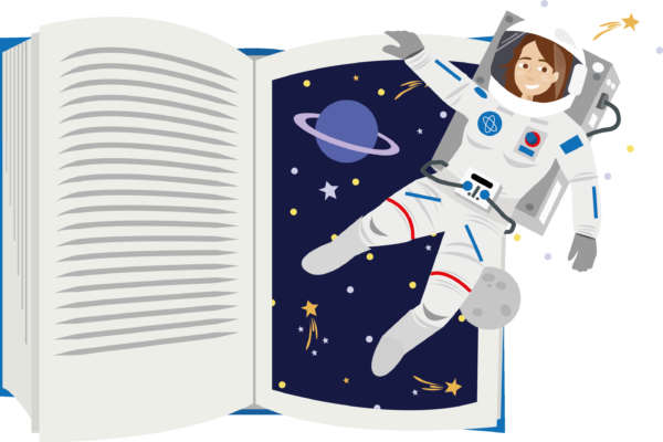 Buecherscheck Motiv zeigt offenes Buch mit Bild des Universums auf der rechten Seite. Davor schwebt ein Astronaut