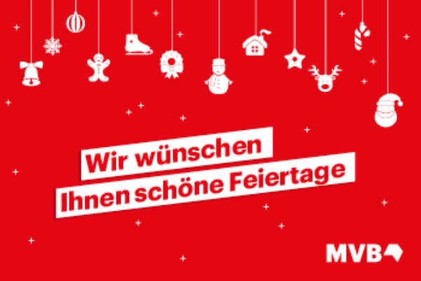 MVB Weihnachtssmotiv zeigt einen roten Hintergrund, vor dem verschiedene weihnachtliche Motive in weiß zu sehen sind. Darunter steht "Wir wünschen Ihnen schöne Feiertage".