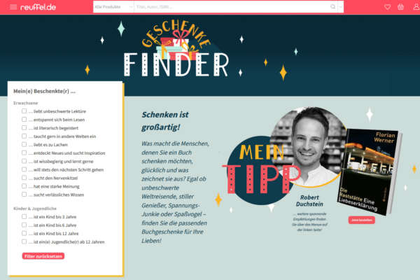 Die Webseite des "Geschenkefinder" der Buchhandlung Reuffel.