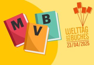 drei Bücher mit den Buchstaben MVB und dem Logo Welttag des Buches