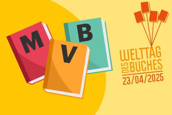 drei Bücher mit den Buchstaben MVB und dem Logo Welttag des Buches