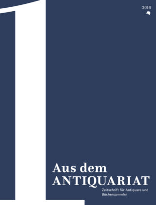 Blaues Cover der Zeitschrift Aus dem Antiquariat mit einer großen Eins am linken Seitenrand